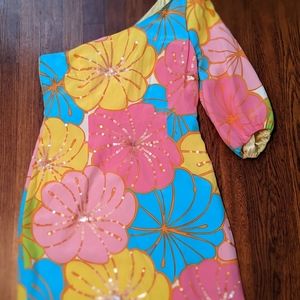Lilly Pulitzer One-Shoulder Floral Dress in Pink, Yellow & Blue